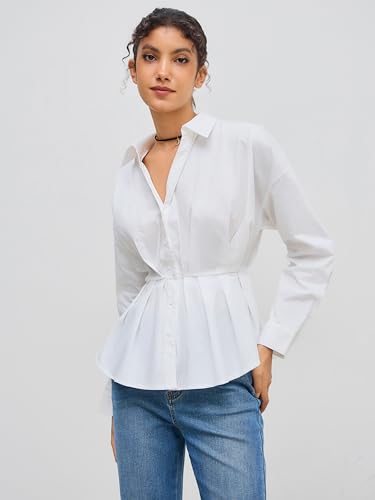 Womens Shirts Dressy Casual Pleated Button Down Shirt Long Sleeve Work Blouse Collar Solid Top