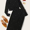 Two Piece Outfits for Women Pearl Beaded Lettuce Edge Rib-Knit Tee and Pencil Skirt Set (Color : Black, Size : X-Small)