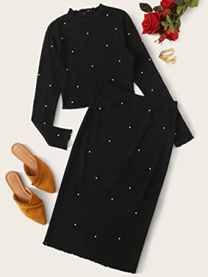 Two Piece Outfits for Women Pearl Beaded Lettuce Edge Rib-Knit Tee and Pencil Skirt Set (Color : Black, Size : X-Small)
