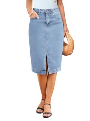 Jean Skirts for Women Denim Trendy Summer Casual Stretchy High Waisted Midi Below Knee Pencil Skirt with Slit