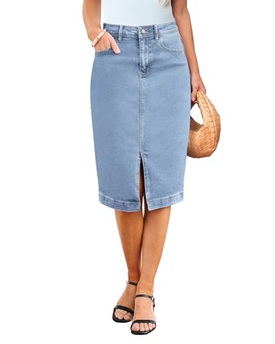 Jean Skirts for Women Denim Trendy Summer Casual Stretchy High Waisted Midi Below Knee Pencil Skirt with Slit