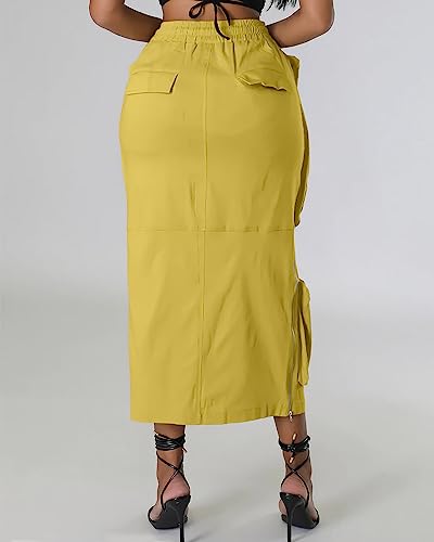 Women's Vintage 90s Drawstring Stretchy Zipper Muti-Pockets Pencil Long Cargo Skirt