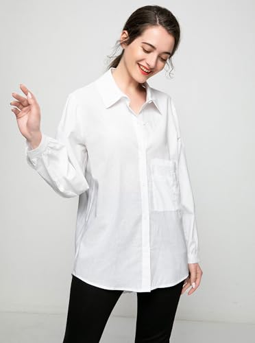 Women's Long Sleeve Shirts Button Down Blouse Cotton Tunic High Low Tops
