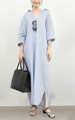 Women's Casual Long Sleeve Button Down Loose Striped Cotton Maxi Shirt Dress