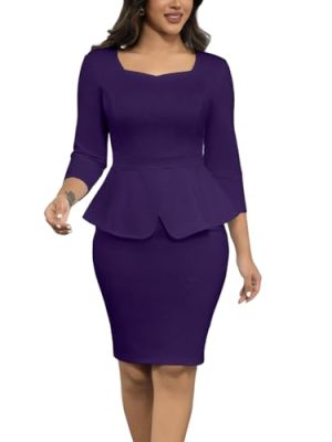Women's 2 Piece Suit Set Peplum 3/4 Long Sleeve Church Dress Suit Elegant Formal Office Midi Pencil Skirt Suit