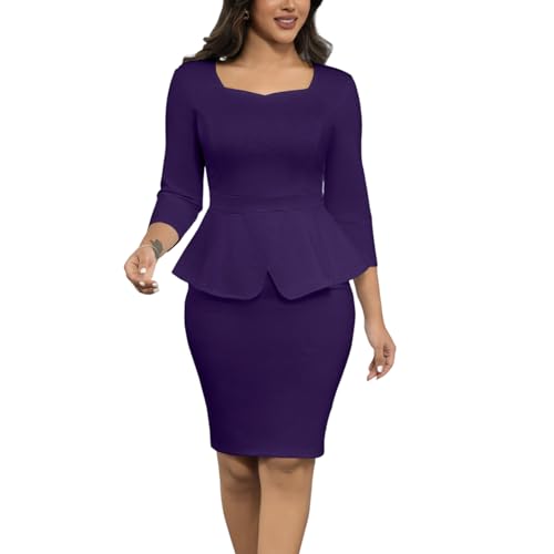 Women's 2 Piece Suit Set Peplum 3/4 Long Sleeve Church Dress Suit Elegant Formal Office Midi Pencil Skirt Suit