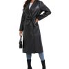 Women's Black Faux Leather Long Coat PU Leather Notched Lapel Trench Coat Open Front Maxi Jacket Overcoat