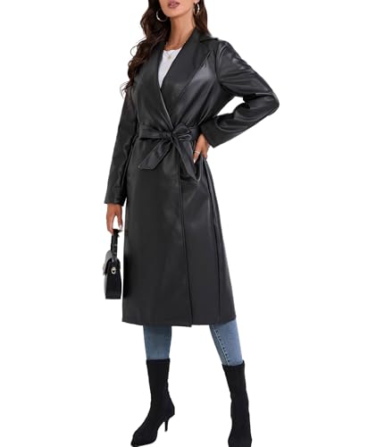 Women's Black Faux Leather Long Coat PU Leather Notched Lapel Trench Coat Open Front Maxi Jacket Overcoat