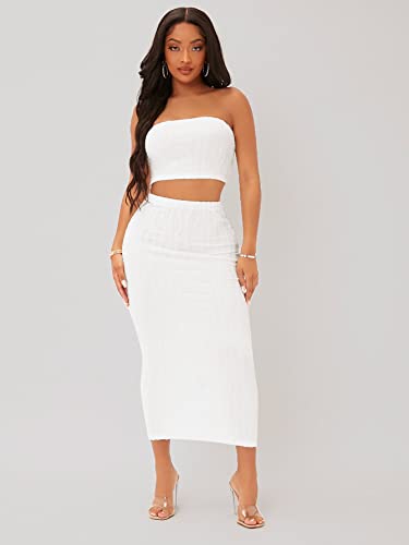 Textured Crop Tube Top & Pencil Skirt Set (Color : White, Size : Medium)