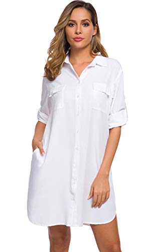 Women's Long Sleeve V Neck Button Down Shirt Dresses Casual Summer Dress with Pocket