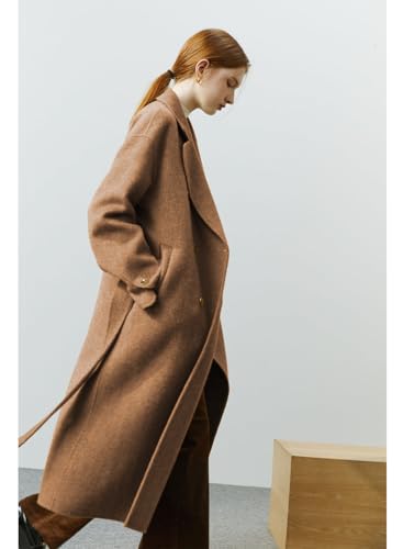 Womens Pea Coats Fall Long Trench Coat Double Breasted Button Down Lapel Belted Peacoat