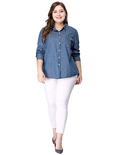 Women's Plus Size Button Down Long Sleeve Chest Pocket Chambray Shirts 2025