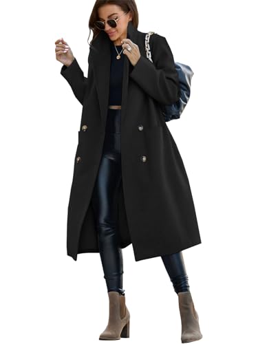 Womens Trench Coat Winter Lapel Double Breasted Long Pea Coat Casual Work Office Overcoat with Pocket