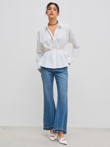 Womens Shirts Dressy Casual Pleated Button Down Shirt Long Sleeve Work Blouse Collar Solid Top