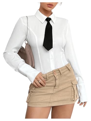 Women's Button Down Long Sleeve Blouse Collared Slim Fit Dress Shirts with Tie