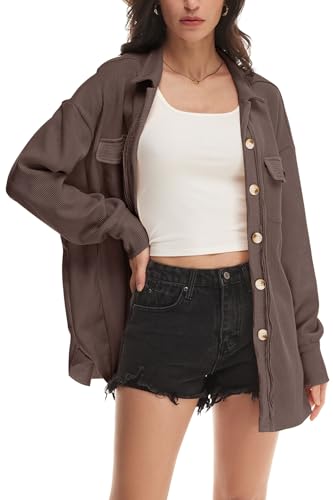 Womens Waffle Knit Shacket Oversized Button Down Shirt Jacket Lightweight Spring Outfits Clothes