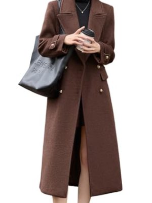 Women's 2025 Winter Double Breasted Wool Coat Warm Midi Long Dressy Trench Coat Peacoat
