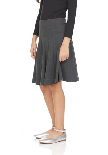 Girls' School Uniform Pleated Pull-on Knee Length Ribbed Cotton Panel Skirt, Knit Waistband