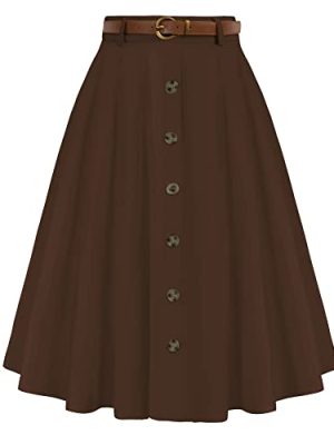Women's Vintage Stretch High Waist A-Line Flared Midi Skirts with Pockets & Belts