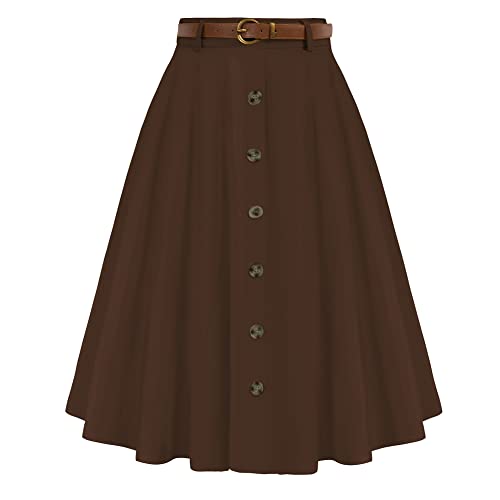 Women's Vintage Stretch High Waist A-Line Flared Midi Skirts with Pockets & Belts