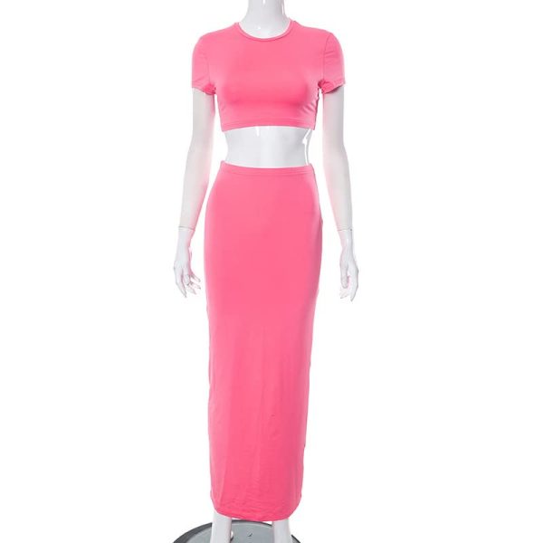 Two Piece Skirt Set for Women 2 PC Y2K Outfits Short Sleeve Crop Tops Bodycon High Waist Long Maxi Skirts