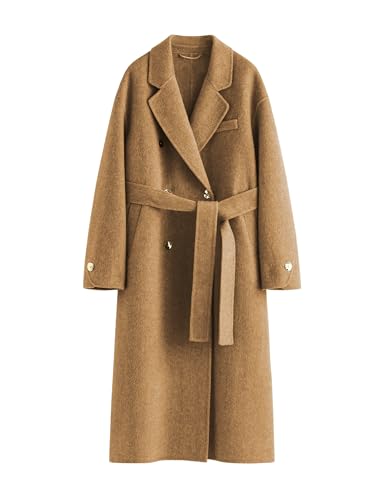 Womens Pea Coats Fall Long Trench Coat Double Breasted Button Down Lapel Belted Peacoat