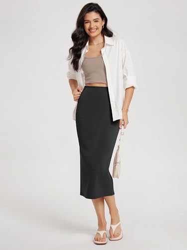 Modal Soft Midi Skirt for Women Back Slit High Waist Casual Long Pencil Skirts with Pockets