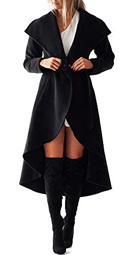 Women's Winter Wool Trench Coat Wrap Large Collar High Low Jacket Outwear with Belt
