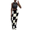 Women High Waist Plaid Elastic Long Skirts Side Split Knit Bodycon Midi Skirt