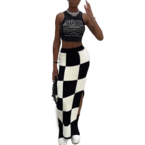 Women High Waist Plaid Elastic Long Skirts Side Split Knit Bodycon Midi Skirt
