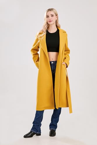Womens Long Wool Pea Coats Notched Collar Open Front Woolen Blend Trench Coat with Belt