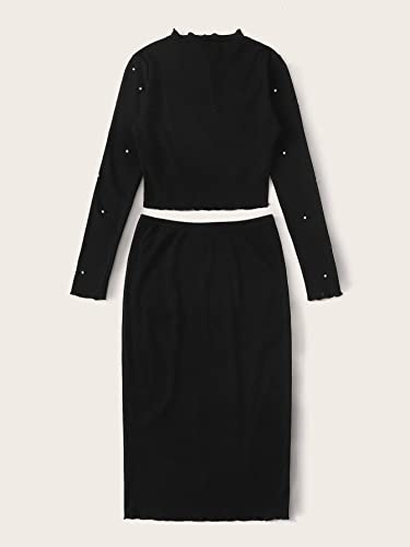 Two Piece Outfits for Women Pearl Beaded Lettuce Edge Rib-Knit Tee and Pencil Skirt Set (Color : Black, Size : X-Small)