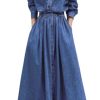Women's Long Sleeve Denim Shirt Dress Button Down Lapel Business Casual Maxi Long Jean Dress