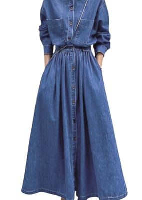 Women's Long Sleeve Denim Shirt Dress Button Down Lapel Business Casual Maxi Long Jean Dress
