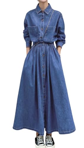 Women's Long Sleeve Denim Shirt Dress Button Down Lapel Business Casual Maxi Long Jean Dress