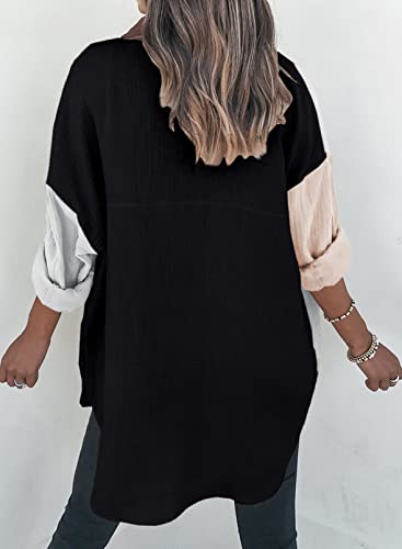 Womens Color Block Button Down Shirts Long Sleeve Oversized Boyfriend Blouses Tops