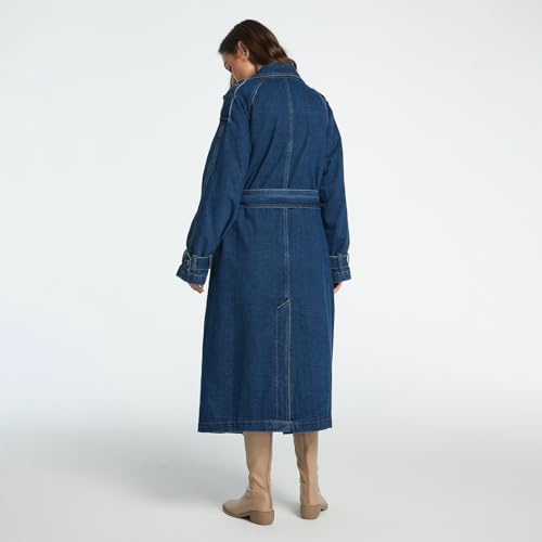 Women's Lapel Denim Trench Coat Long Sleeve Double Midi Classic Breasted Jackets With Belt
