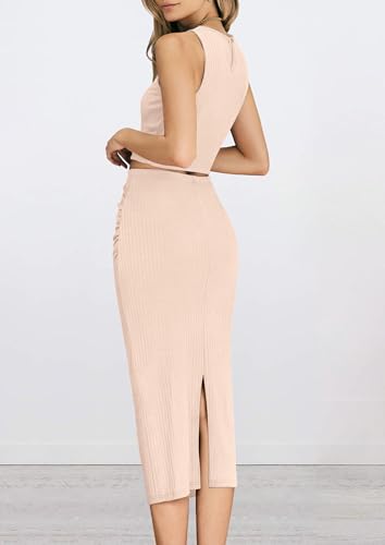 Women's 2 Piece Summer Outfits Crewneck Tank Tops Split Bodycon Midi Skirt Set