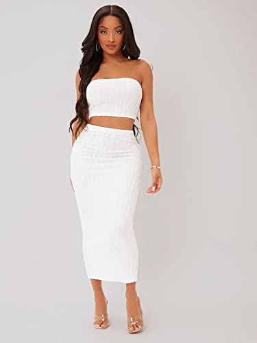 Textured Crop Tube Top & Pencil Skirt Set (Color : White, Size : Medium)