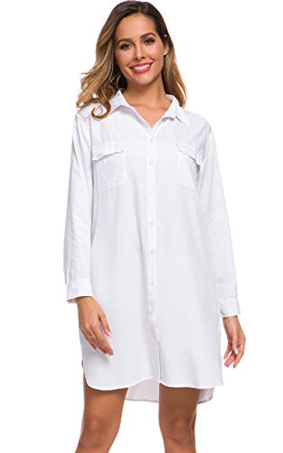 Women's Long Sleeve V Neck Button Down Shirt Dresses Casual Summer Dress with Pocket