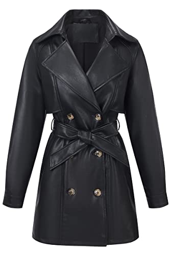 Women Faux Leather Long Jacket,Double Breasted Spring Fall Pleather Casual Lapel Mid Length Trench Coat with Belt