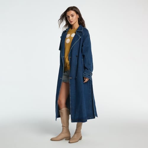 Women's Lapel Denim Trench Coat Long Sleeve Double Midi Classic Breasted Jackets With Belt