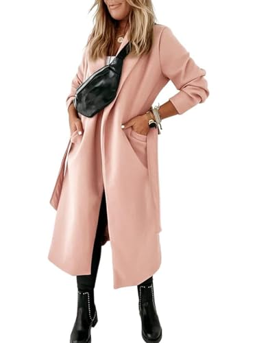 Womens Notched Lapel Collar Coats Open Front Long Jackets Overcoat with Belt