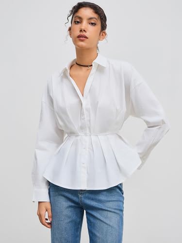 Womens Shirts Dressy Casual Pleated Button Down Shirt Long Sleeve Work Blouse Collar Solid Top