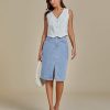 Jean Skirts for Women Denim Trendy Summer Casual Stretchy High Waisted Midi Below Knee Pencil Skirt with Slit