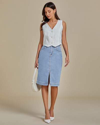 Jean Skirts for Women Denim Trendy Summer Casual Stretchy High Waisted Midi Below Knee Pencil Skirt with Slit