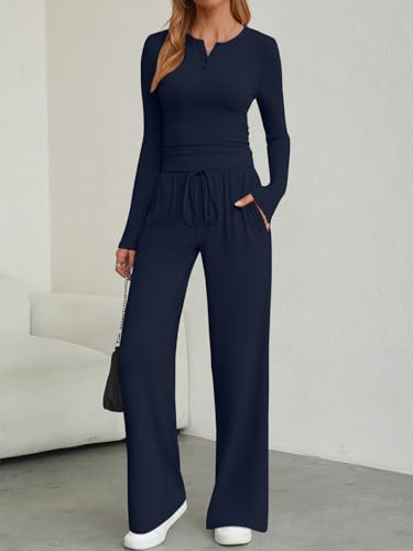 Women's 2 Piece Matching Lounge Sets Fall Fashion Two Pieces Sweat Outfits Long Sleeve Wide Leg Pants Tracksuits