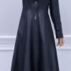 Women's Elegant Lapel Collar 2 Button Fit-Flare Pu Leather Long Trench Coat