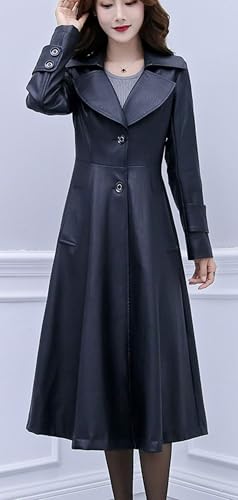 Women's Elegant Lapel Collar 2 Button Fit-Flare Pu Leather Long Trench Coat