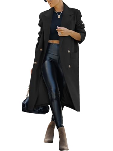 Womens Trench Coat Winter Lapel Double Breasted Long Pea Coat Casual Work Office Overcoat with Pocket